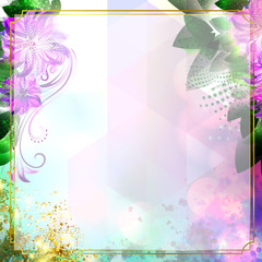 Golden frame in luxury style on a triangular background with abstract flowers