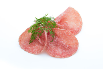 Sausage slices isolated on white background cutout.