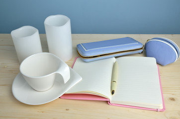 Fototapeta premium Cup, Notepad, Pen and Wallet