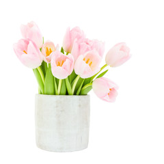 Bouquet of pink tulips in grey vase isolated over white background. Selective focus