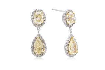 Gorgeous Oval and Teardrop Yellow Diamond Earrings with White Diamond Halos