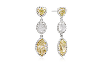 Gorgeous Heart, Oval, and Marquise Diamond Dangle Earrings with White and Yellow Diamonds