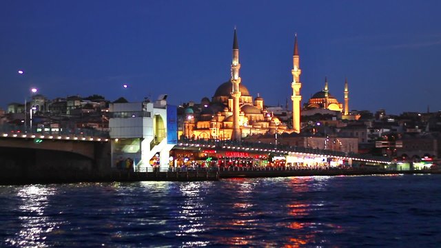 An Istanbul night in blue. Galata Bridge and Mosques at Night in Istanbul

