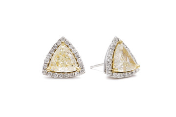 Gorgeous Trillion Cut Yellow Diamond Earrings with White Diamond Halos