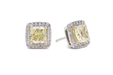 Gorgeous Cushion Cut Yellow Diamond Earrings with White Diamond Halos