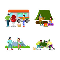 Fototapeta premium Outdoor camping barbecue people activity trailer flat vector