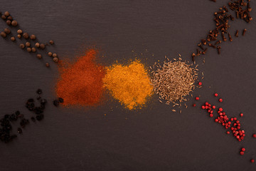 Mix of spices on black board