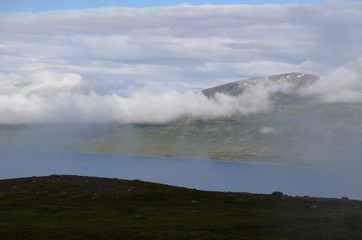 Mist in the mountains above lake Torneträsk, alpine tundra, Swedish Lapland
