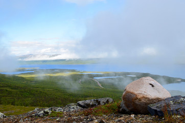 Mist in the mountains above lake Torneträsk, alpine tundra, Swedish Lapland