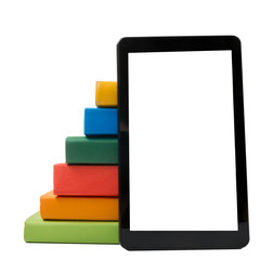 Stack of colorful books and electronic book reader. Electronic library concept. Back to school. Copy space