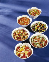 Salsa, fruit and vegetables ready to serve.
