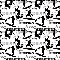 Vector Surfing People California Black And White Seamless Pattern Surface Design With Men, Women On Surf Boards.