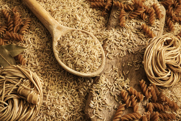 Rice, noodles, pasta - health food / healthy diet background.
