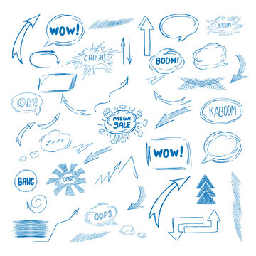 Big Abstract Set of comic Speech Bubbles, Arrow, Hand Drawn Text