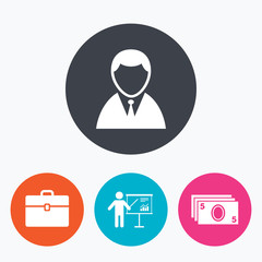 Businessman signs. Human and cash money icons.