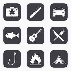 Camping travel icons. Fishing, tourist tent.