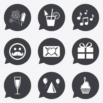 Party celebration, birthday icons. Music notes.