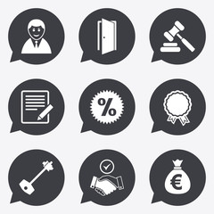 Real estate, auction icons. Home key sign.