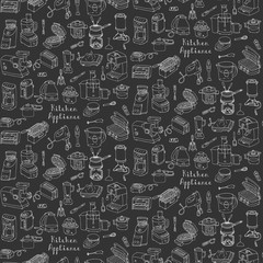 Seamless background hand drawn doodle Kitchen appliance vector illustration Cartoon icons set Household equipment Small kitchen appliances Consumer electronics Kitchenware Freehand vector sketch