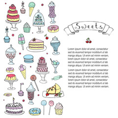 Hand drawn doodle Sweets set Vector illustration Sketchy Sweet food icons collection Isolated desert symbols on white background Cupcake Macaron Chocolate bar Candy Cake Pie Pastry Lollipop Pastry