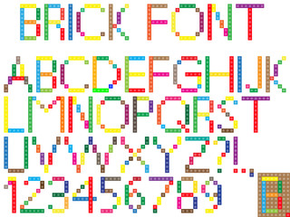 Vector illustrated brick toys font with numbers on white background.