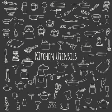 Hand drawn doodle Kitchen utensils set Vector illustration Sketchy kitchen ware icons collection Isolated appliance kitchen tools symbols Cutlery icons Cooking equipment Tea pot Pan Knife Chef hat Cup