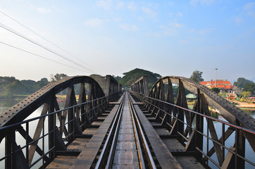 Naklejka premium Railway metal bridge of world war history, River Kwai in Kanchanaburi at Thailand