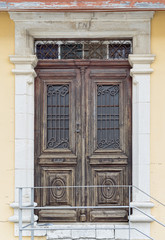 Fretted vintage wooden door. Pano Lefkara. Cyprus.
