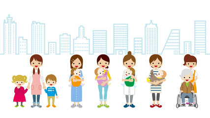Female Child care and Caregiver - Cityscape Background