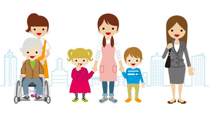 Various Women Child care,Worker,Caregiver,- Townscape Background
