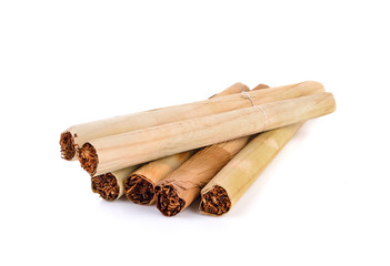 Tobacco  and cigarette on white background