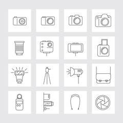 Camera, Photography Linear Icons Set, Types, Lens, Equipment and Accessories