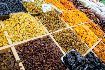 Many varieties of raisins on the counter