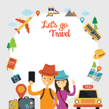 Tourist, Traveler Selfie with Smartphone Frame, Travel, Journey, Tour, Transportation Icons