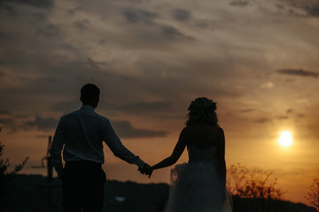 Fototapeta na wymiar Silhouette of wedding couple in field