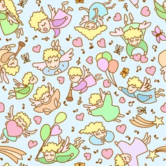 Poster Seamless pattern made from cartoon girls, angels, cupids, hearts © olhabocharova