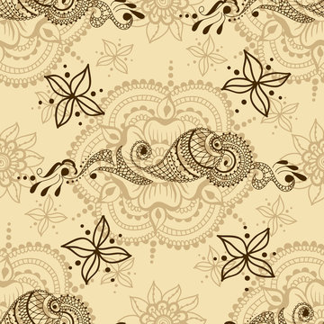 Vector seamless texture with floral ornament in indian style. Mehndi ornamental pattern