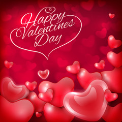 Naklejka na ściany i meble Happy Valentines Day greeting card template with hearts and inscription, festive background, vector illustration