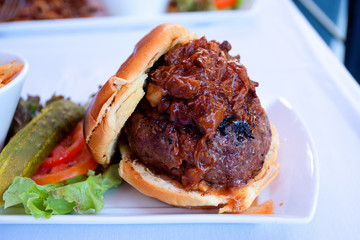 Pulled Pork Hamburger with Condiments on a Plate