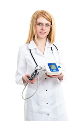 Portrait of a doctor with a tonometer in hand on white background