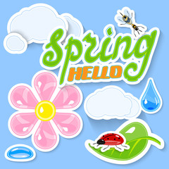 Bright Spring sticker Symbols - bee, ladybug, clouds, leaf, flower, rain drops and dewdrop. Hand Lettering 