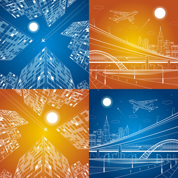 Infrastructure and transportation illustration,  business building, airplane flying, neon city,  car overpass, urban plot, plane takes off, train move, day and night, vector design set