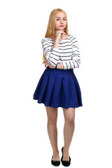 beautiful happy woman in bright clothes with a smile on his face isolated on white background in full length