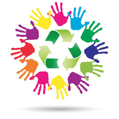 Concept circle of hands, green recycle symbol