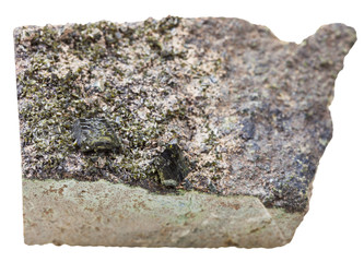 green epidote crystals on stone isolated on white