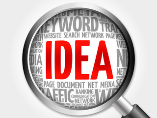 IDEA word cloud with magnifying glass, business concept