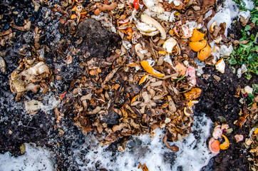 a pile of food waste, such  as eggshells and fruit and vegetable peels on the ground with snow. Composting pile of rotting kitchen fruits 