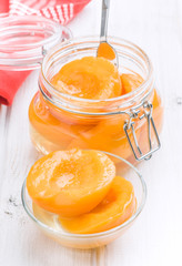 means peaches in syrup in glass bowl, on wooden