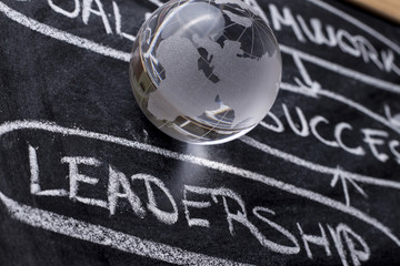 Fototapeta premium Leadership - Strategy planning flow chart with globe on blackboa
