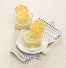 Panna cotta with mustard and parmesan chips